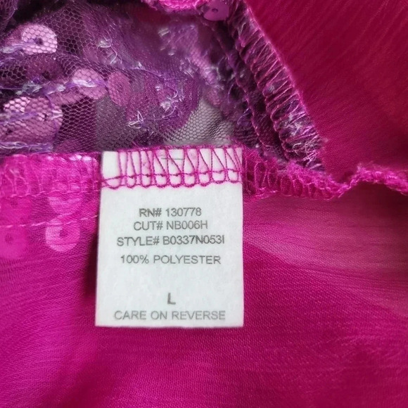 Living Doll Fushia Purple Pink Sequin Sheer Tank Top Zipper Back Soft Shiny sz L - Picture 9 of 10